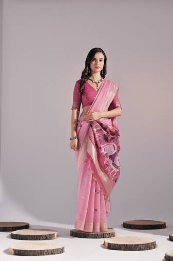 Pink Soft Muga Cotton Blend Jamdani Style Thread work Design Saree With Blouse