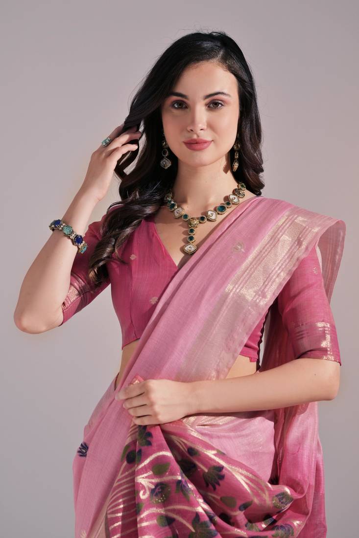 Pink Soft Muga Cotton Blend Jamdani Style Thread work Design Saree With Blouse