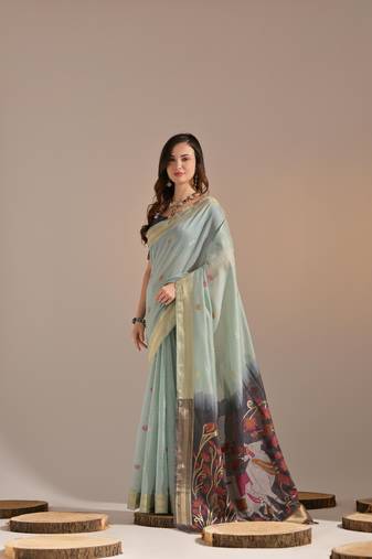 Green Soft Muga Cotton Saree With Weaving Border And Resham Weaving Pallu With Blouse