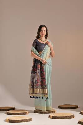 Green Soft Muga Cotton Saree With Weaving Border And Resham Weaving Pallu With Blouse 2