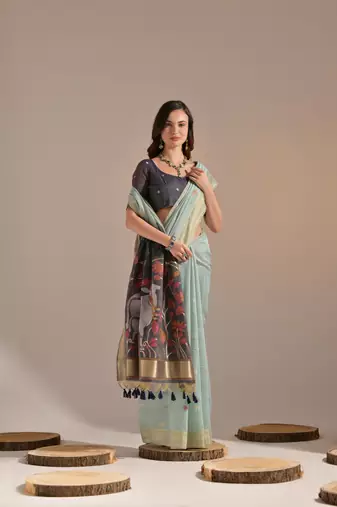 Green Soft Muga Cotton Saree With Weaving Border And Resham Weaving Pallu With Blouse