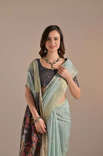 Green Soft Muga Cotton Saree With Weaving Border And Resham Weaving Pallu With Blouse