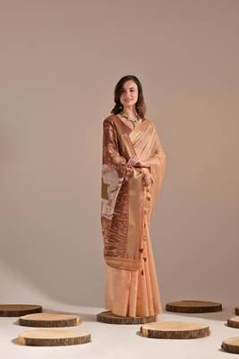 Peach Soft Muga Cotton Blend Weaving Border Pallu Saree With Blouse 2