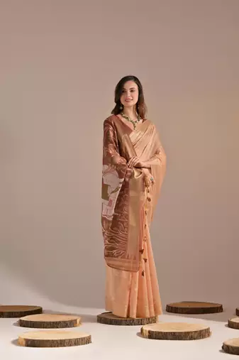 Peach Soft Muga Cotton Blend Weaving Border Pallu Saree With Blouse
