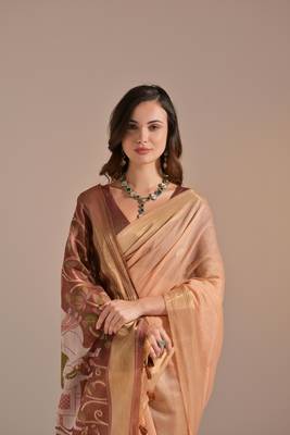 Peach Soft Muga Cotton Blend Weaving Border Pallu Saree With Blouse 3