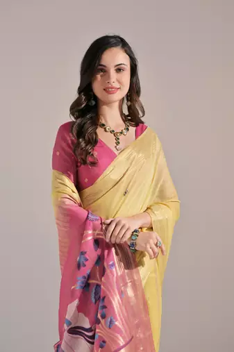 Yellow Muga Style Cotton Blend Thread Border & Pallu Saree With Blouse