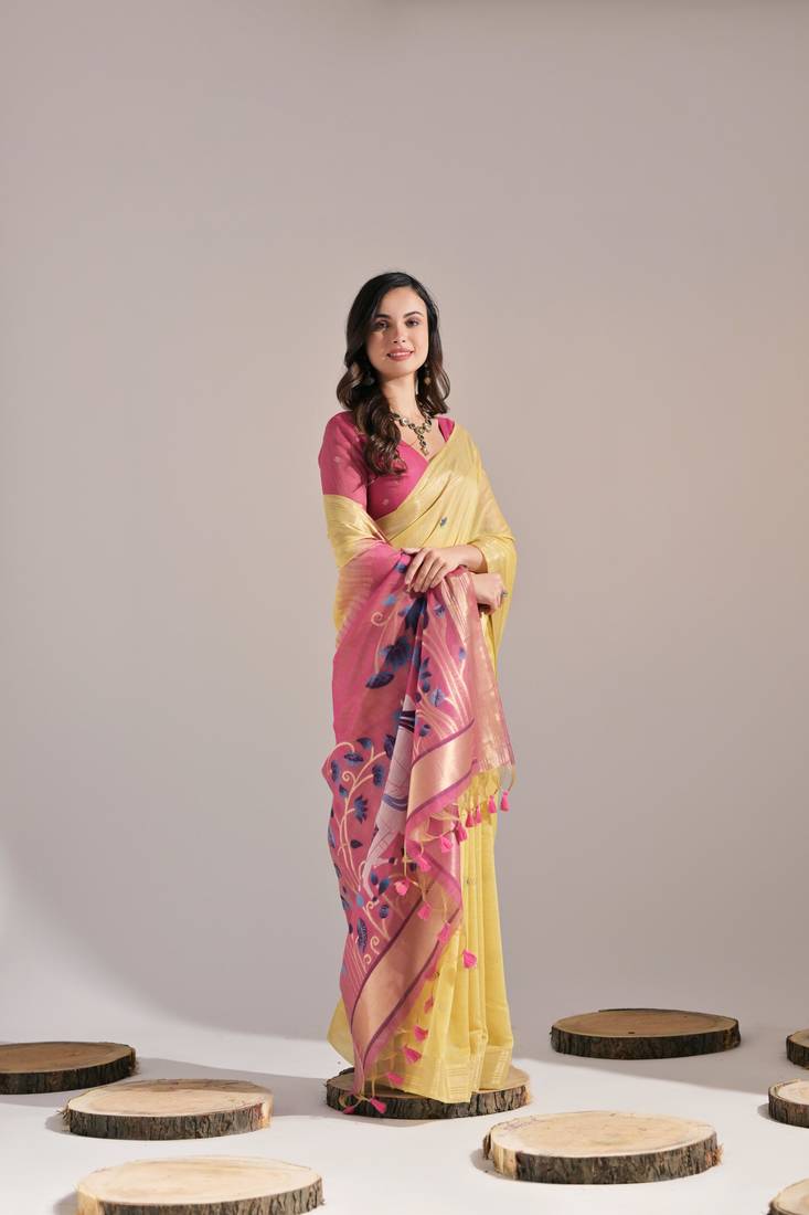 Yellow Muga Style Cotton Blend Thread Border & Pallu Saree With Blouse