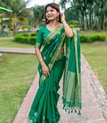 Dark Green Linen Blend Floral Thread work Treditional Stylish Saree With Blouse
