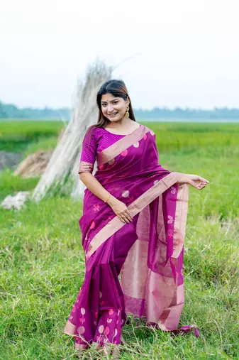 Magenta Faux Linen Floral Printed Zari pallu Border Saree with Blouse