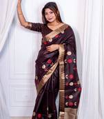 Dark Brown Linen Blend Floral Thread work Treditional Stylish Saree With Blouse