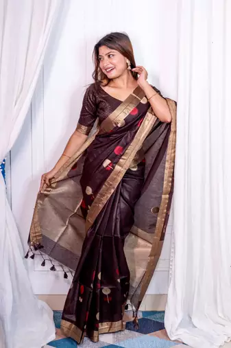 Dark Brown Linen Blend Floral Thread work Treditional Stylish Saree With Blouse