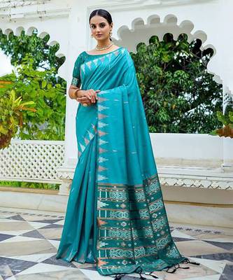 Teal Soft Tussar Silk Saree With Silver And Copper Weaves Border And Ikkat Pallu With Blouse 1