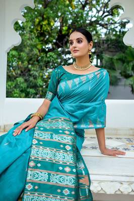Teal Soft Tussar Silk Saree With Silver And Copper Weaves Border And Ikkat Pallu With Blouse 2
