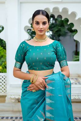 Teal Soft Tussar Silk Saree With Silver And Copper Weaves Border And Ikkat Pallu With Blouse 3