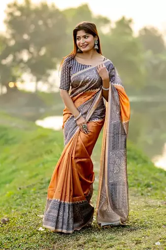 Orange Tussar Silk Bland Beautiful Madhubani Printed saree With Blouse