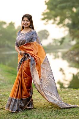 Orange Tussar Silk Bland Beautiful Madhubani Printed saree With Blouse 1