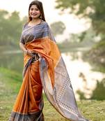 Orange Tussar Silk Bland Beautiful Madhubani Printed saree With Blouse