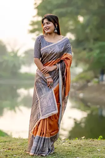Orange Tussar Silk Bland Beautiful Madhubani Printed saree With Blouse
