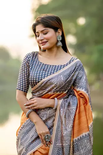 Orange Tussar Silk Bland Beautiful Madhubani Printed saree With Blouse