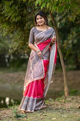 Pink Tussar Silk Bland Beautiful Madhubani Printed saree With Blouse 1
