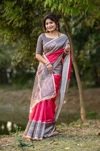 Pink Tussar Silk Bland Beautiful Madhubani Printed saree With Blouse