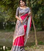 Pink Tussar Silk Bland Beautiful Madhubani Printed saree With Blouse
