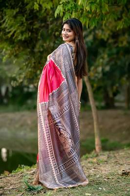 Pink Tussar Silk Bland Beautiful Madhubani Printed saree With Blouse 2