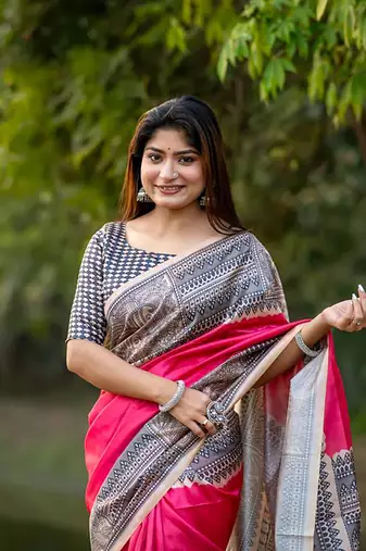Pink Tussar Silk Bland Beautiful Madhubani Printed saree With Blouse