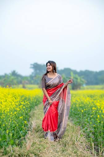 Red Tussar Silk Bland Beautiful Madhubani Printed saree With Blouse