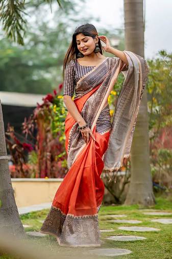 Drak Orange Tussar Silk Bland Beautiful Madhubani Printed saree With Blouse