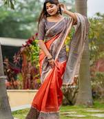 Drak Orange Tussar Silk Bland Beautiful Madhubani Printed saree With Blouse