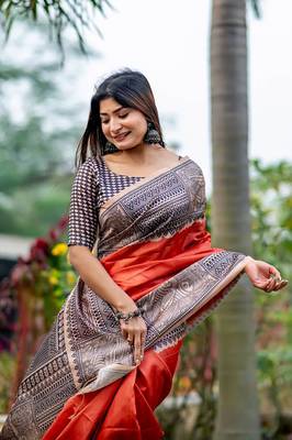 Drak Orange Tussar Silk Bland Beautiful Madhubani Printed saree With Blouse 2