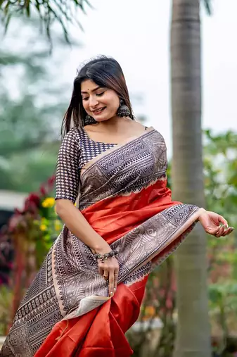 Drak Orange Tussar Silk Bland Beautiful Madhubani Printed saree With Blouse