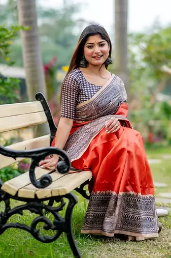 Drak Orange Tussar Silk Bland Beautiful Madhubani Printed saree With Blouse