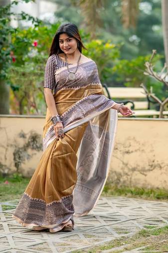 yellowish-brown Tussar Silk Bland Beautiful Madhubani Printed saree With Blouse