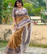 yellowish-brown Tussar Silk Bland Beautiful Madhubani Printed saree With Blouse