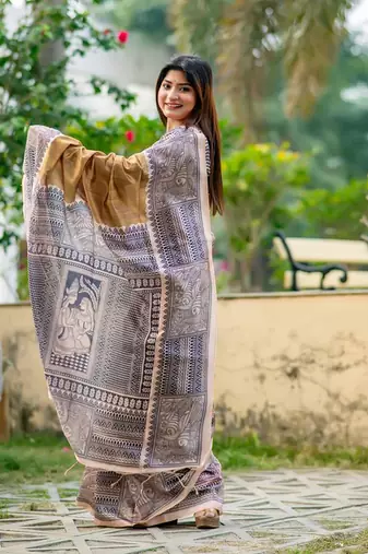 yellowish-brown Tussar Silk Bland Beautiful Madhubani Printed saree With Blouse