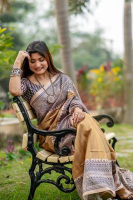 yellowish-brown Tussar Silk Bland Beautiful Madhubani Printed saree With Blouse 3
