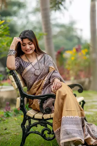 yellowish-brown Tussar Silk Bland Beautiful Madhubani Printed saree With Blouse