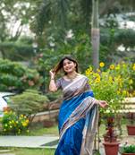 Blue Tussar Silk Bland Beautiful Madhubani Printed saree With Blouse