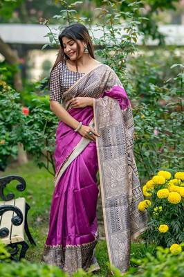 Purple Tussar Silk Bland Beautiful Madhubani Printed saree With Blouse 1