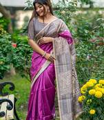 Purple Tussar Silk Bland Beautiful Madhubani Printed saree With Blouse
