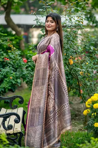 Purple Tussar Silk Bland Beautiful Madhubani Printed saree With Blouse