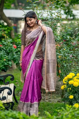 Purple Tussar Silk Bland Beautiful Madhubani Printed saree With Blouse