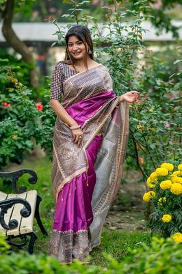 Purple Tussar Silk Bland Beautiful Madhubani Printed saree With Blouse 4