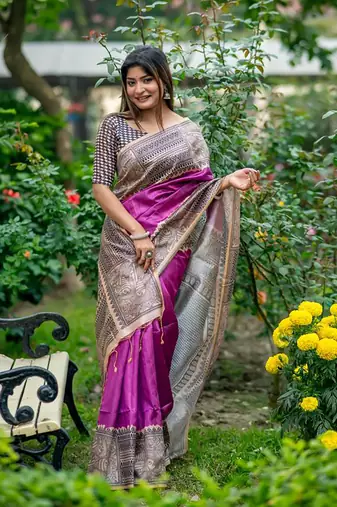 Purple Tussar Silk Bland Beautiful Madhubani Printed saree With Blouse