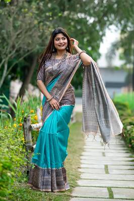 Teal Tussar Silk Bland Beautiful Madhubani Printed saree With Blouse 1