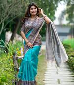 Teal Tussar Silk Bland Beautiful Madhubani Printed saree With Blouse