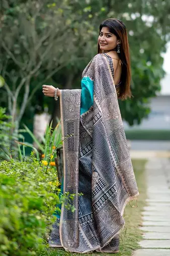 Teal Tussar Silk Bland Beautiful Madhubani Printed saree With Blouse