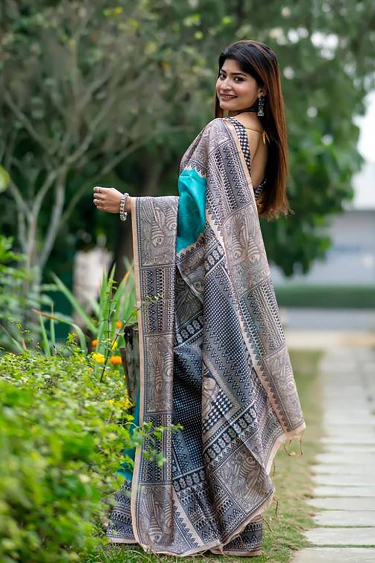 Teal Tussar Silk Bland Beautiful Madhubani Printed saree With Blouse